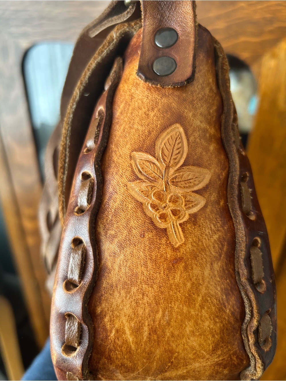 Vintage Hand-Tooled Floral Leather Shoulder Bag - Brown with PaintedPink Accents - Picture 8 of 12